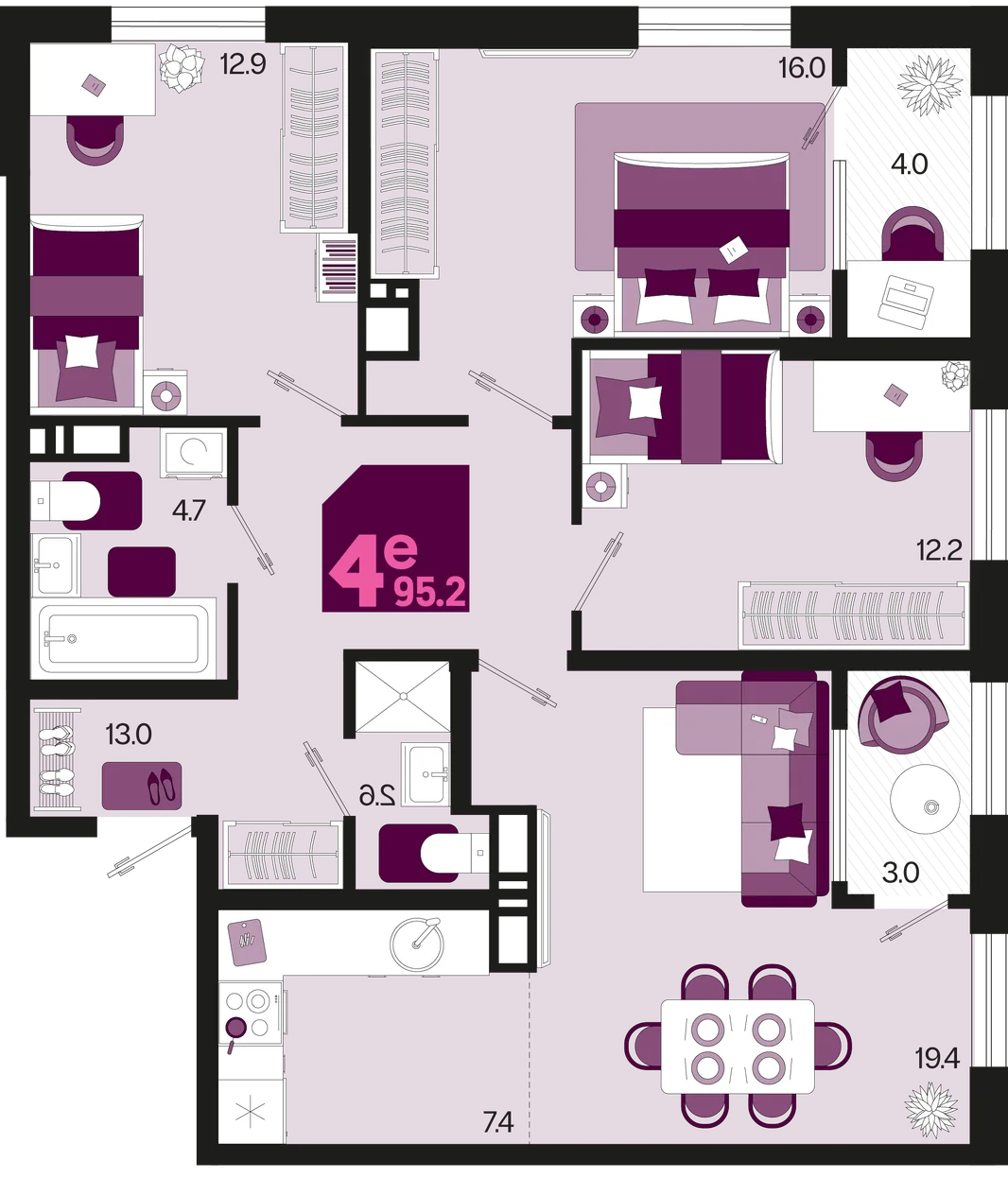 Планировка 4-комн. квартира, 95.2 м² ЖК «Первое место»