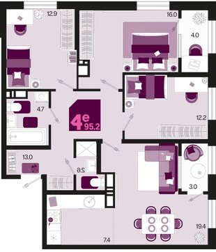 Планировка 4-комн. квартира, 95.2 м² ЖК «Первое место»