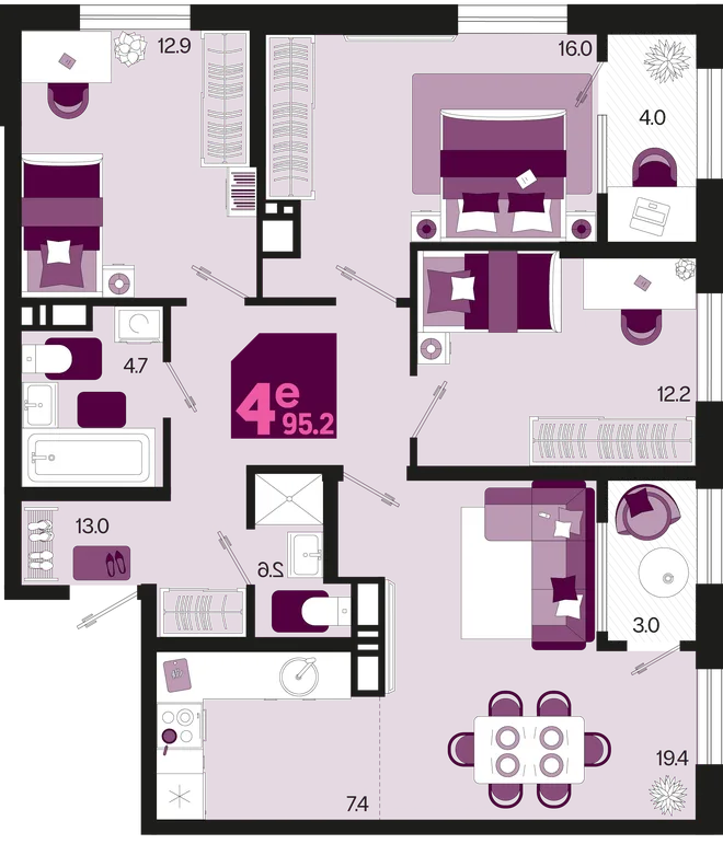 Планировка 4-комн. квартира, 95.2 м² ЖК «Первое место» Планировка 4-комн. квартира, 95.2 м² ЖК «Первое место»
