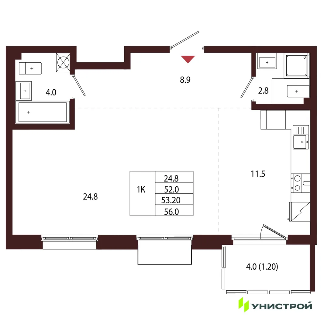 Планировка 1-комн. квартира, 53.2 м² ЖК «Лисино»
