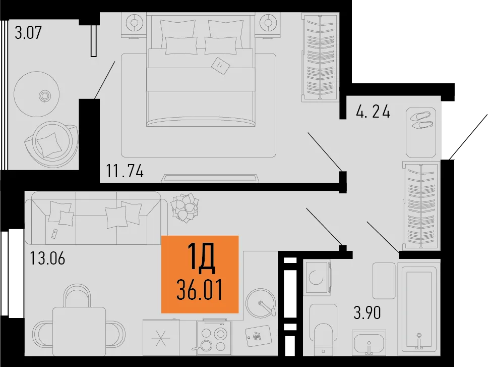 Планировка 1-комн. квартира, 36.01 м² ЖК «Столицыно»