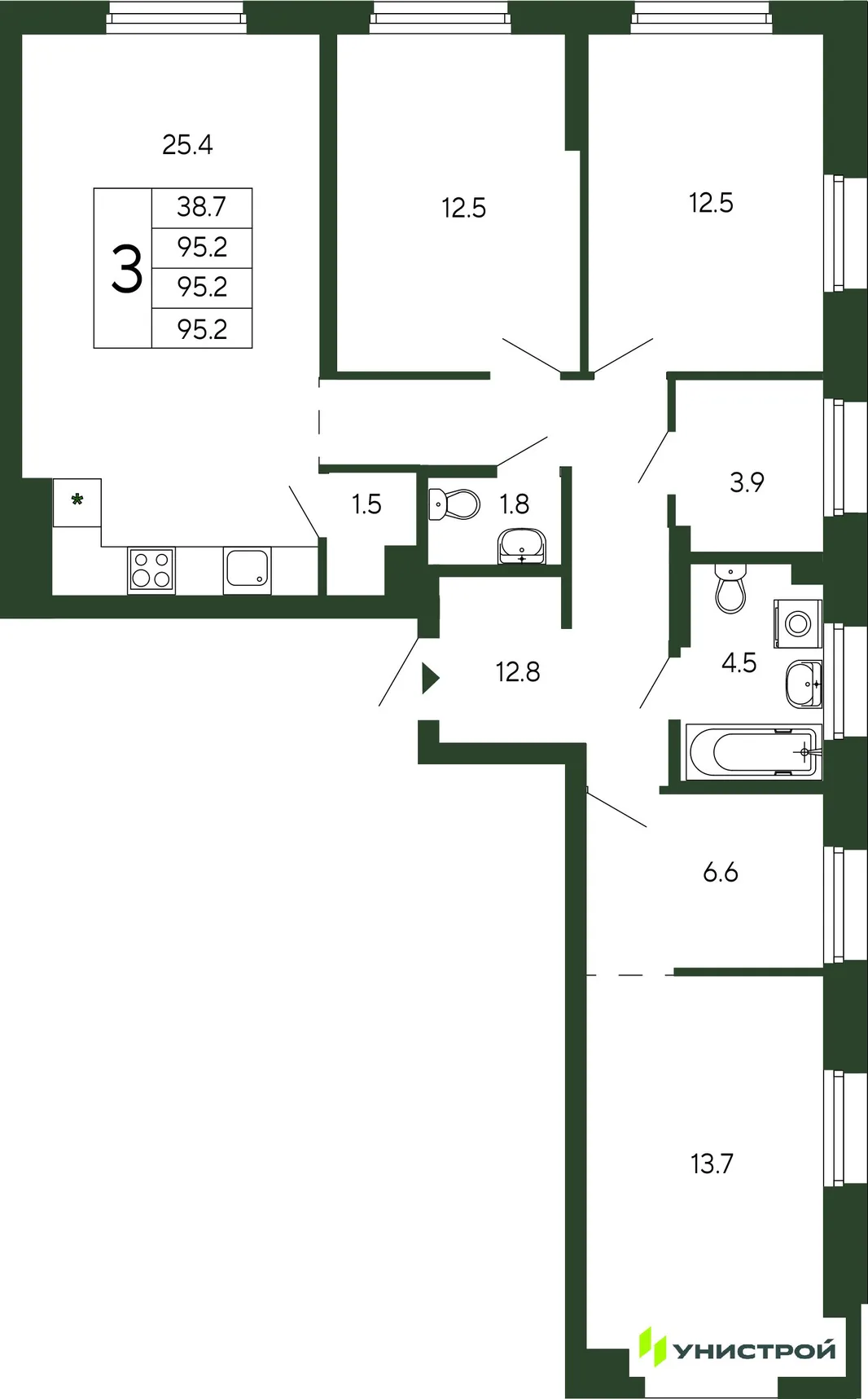Планировка 3-комн. квартира, 95.2 м² ЖК «Парковый квартал 2.0»