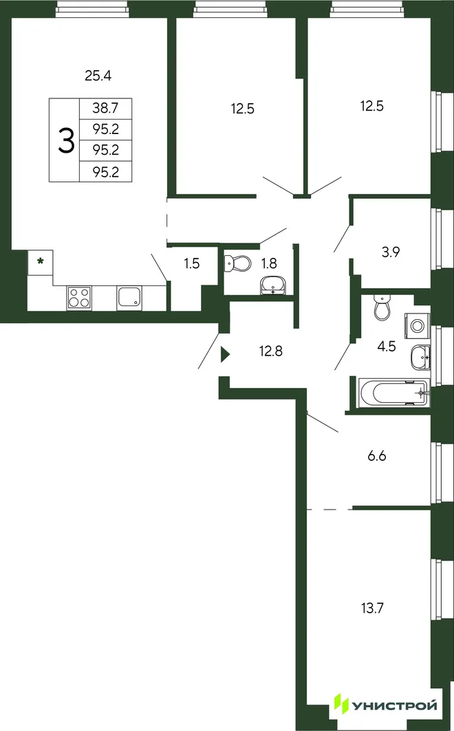 Планировка 3-комн. квартира, 95.2 м² ЖК «Парковый квартал 2.0» Планировка 3-комн. квартира, 95.2 м² ЖК «Парковый квартал 2.0»