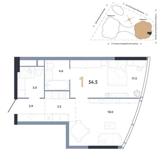 Планировка 1-комн. квартира, 54.5 м² ЖК «АУРУС Резиденции»
