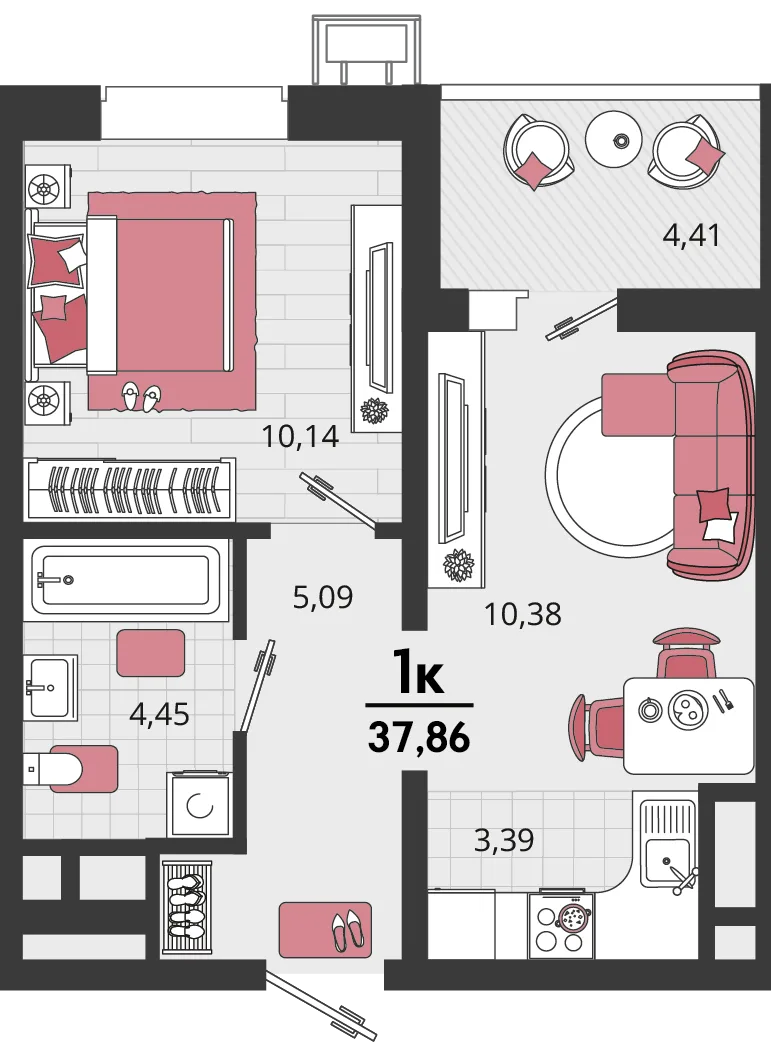 Планировка 2-комн. квартира, 37.86 м² ЖК «Родные просторы»