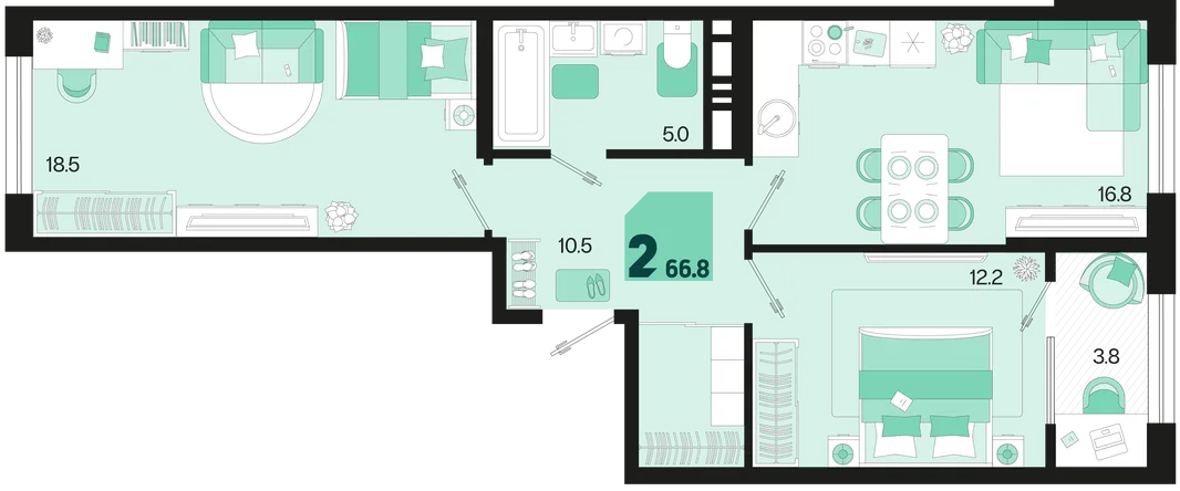 Планировка 2-комн. квартира, 66.8 м² ЖК «Первое место»