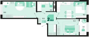 Планировка 2-комн. квартира, 66.8 м² ЖК «Первое место»