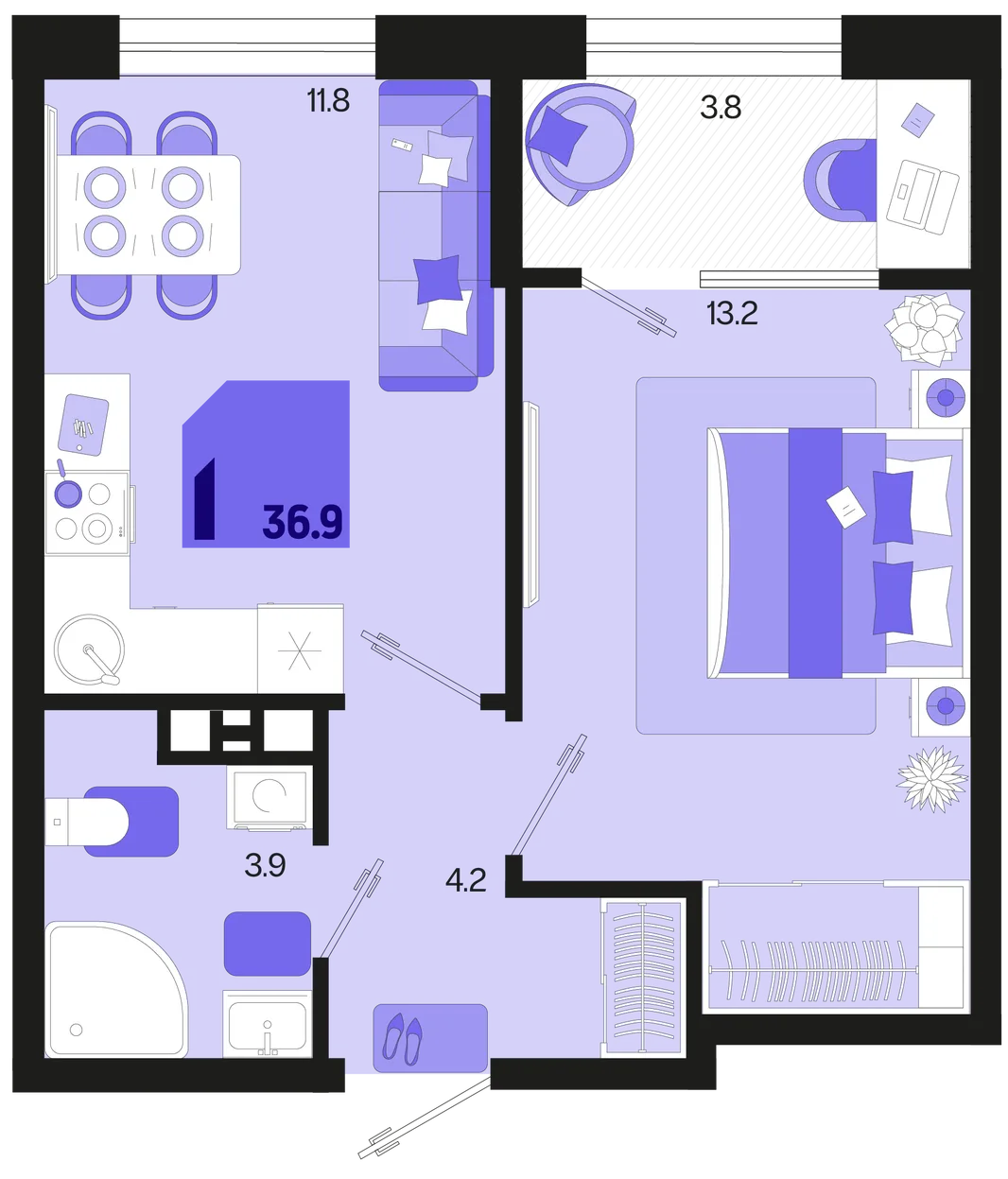 Планировка 1-комн. квартира, 36.9 м² ЖК «Первое место»