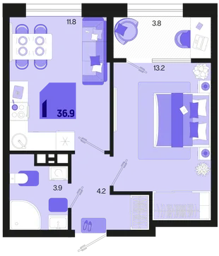 Планировка 1-комн. квартира, 36.9 м² ЖК «Первое место»