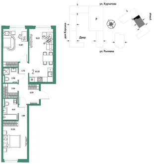 Планировка 2-комн. квартира, 66.26 м² ЖК «Остров-сад»