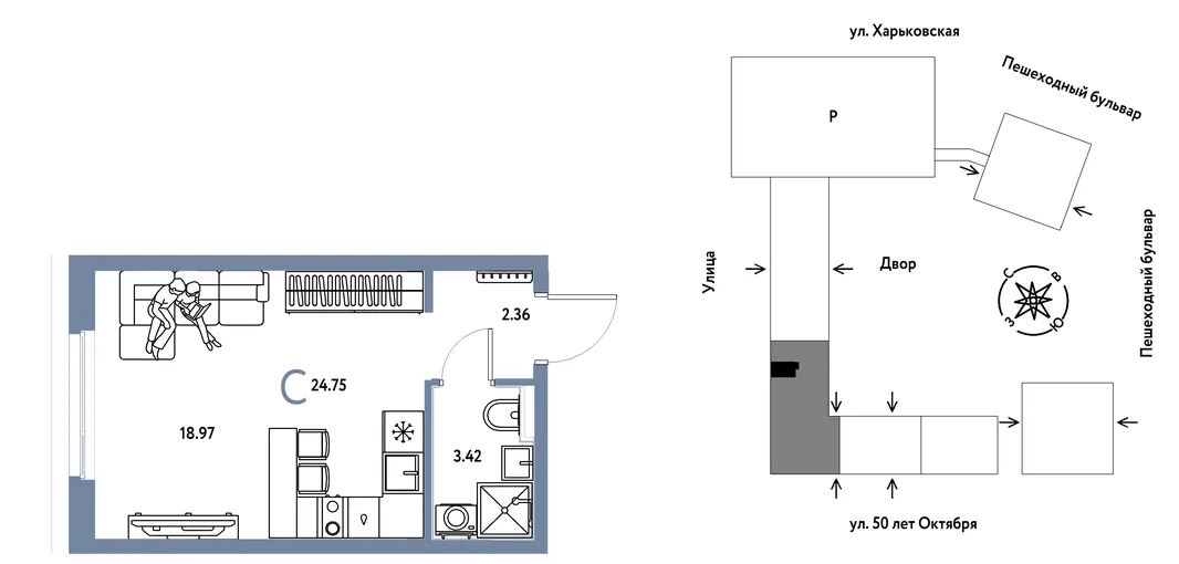 Планировка Студия, 24.75 м² ЖК «Сердце Сибири»