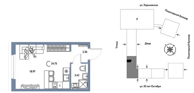 Планировка Студия, 24.75 м² ЖК «Сердце Сибири»