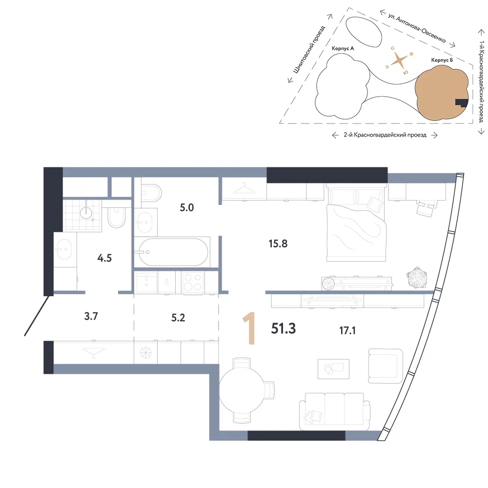 Планировка 1-комн. квартира, 51.3 м² ЖК «АУРУС Резиденции»