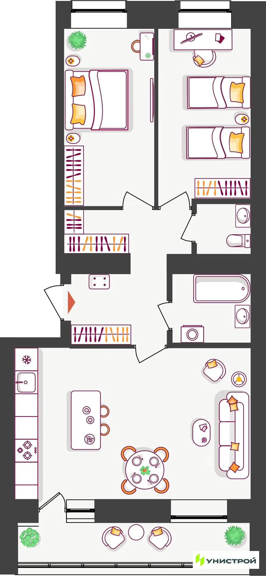 Планировка 2-комн. квартира, 66.58 м² ЖК «Южный бульвар 2»