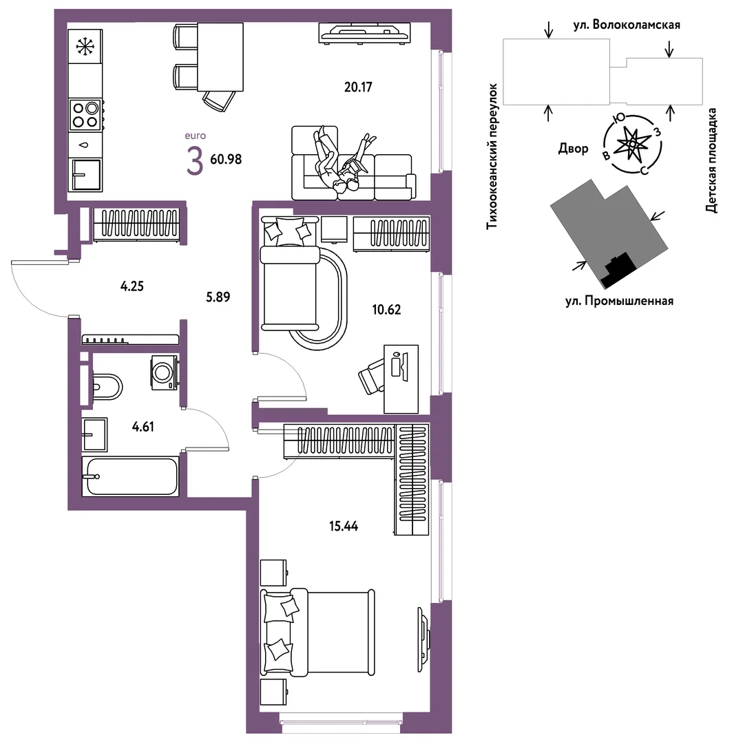 Планировка 3-комн. квартира, 60.98 м² ЖК «Страна Прибрежная»