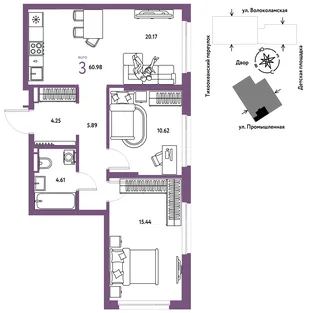 Планировка 3-комн. квартира, 60.98 м² ЖК «Страна Прибрежная»