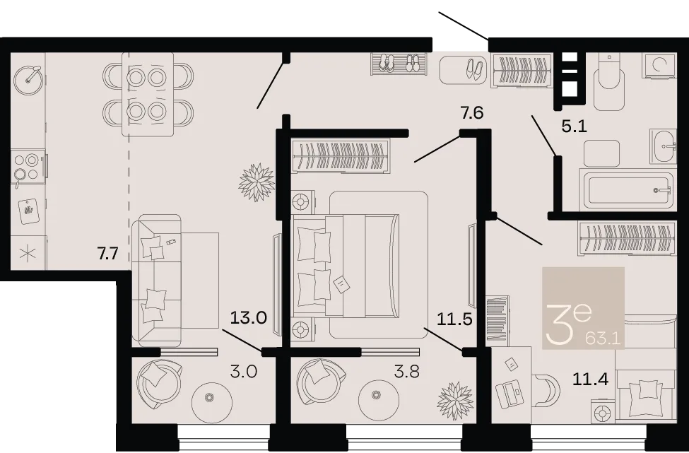 Планировка 3-комн. квартира, 63.1 м² ЖК «Хозяин морей»