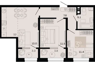 Планировка 3-комн. квартира, 63.1 м² ЖК «Хозяин морей»