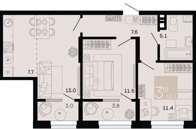 Планировка 3-комн. квартира, 63.1 м² ЖК «Хозяин морей» Планировка 3-комн. квартира, 63.1 м² ЖК «Хозяин морей»