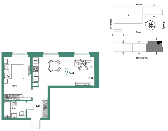 Планировка 2-комн. квартира, 42.95 м² ЖК «Остров-сад» Планировка 2-комн. квартира, 42.95 м² ЖК «Остров-сад»