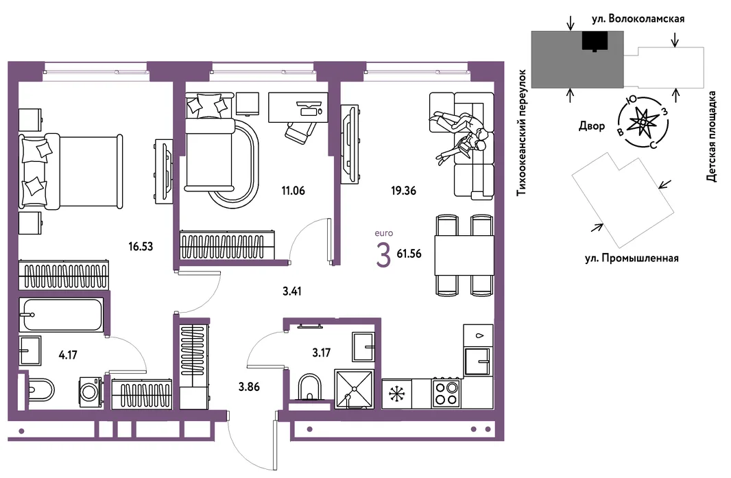 Планировка 3-комн. квартира, 61.56 м² ЖК «Страна Прибрежная»