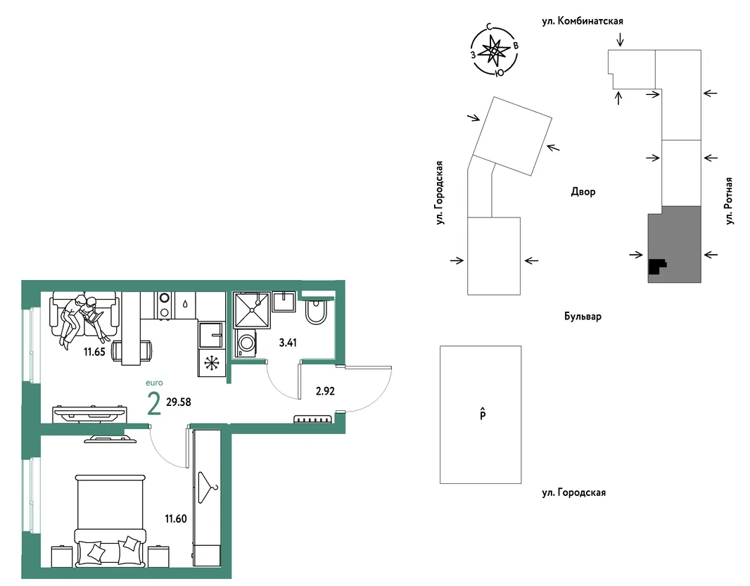 Планировка 2-комн. квартира, 29.58 м² ЖК «Уральский сад»