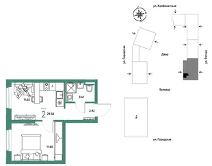 Планировка 2-комн. квартира, 29.58 м² ЖК «Уральский сад»