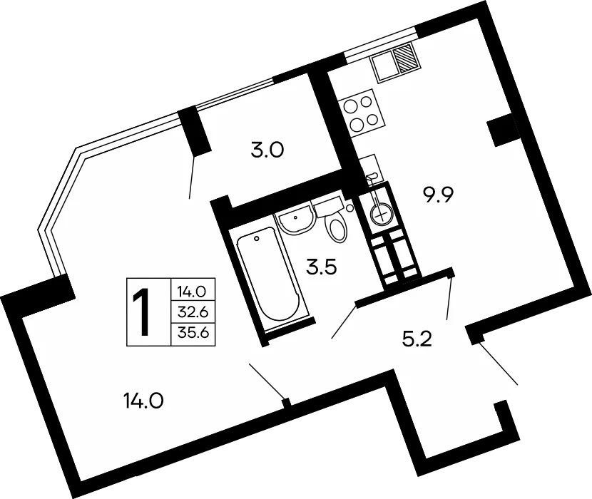 Планировка 1-комн. квартира, 35.6 м² ЖК «Семейный»