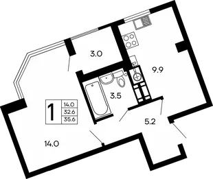 Планировка 1-комн. квартира, 35.6 м² ЖК «Семейный»