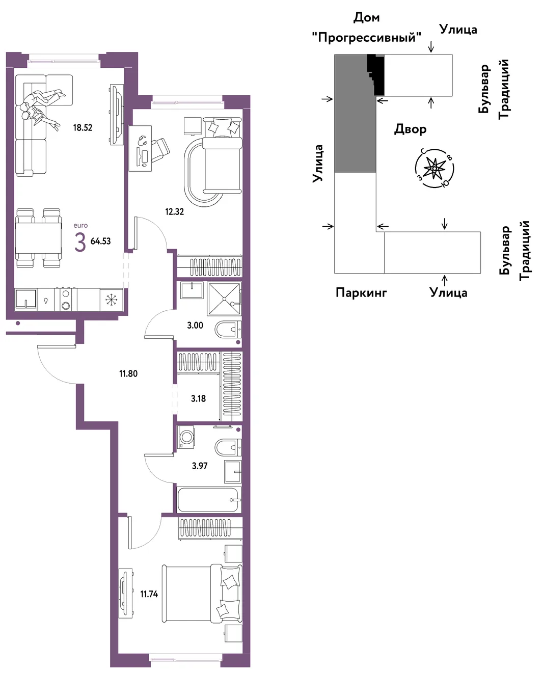 Планировка 3-комн. квартира, 64.53 м² ЖК «Микрорайон Домашний»