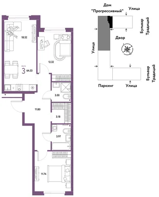 Планировка 3-комн. квартира, 64.53 м² ЖК «Микрорайон Домашний»