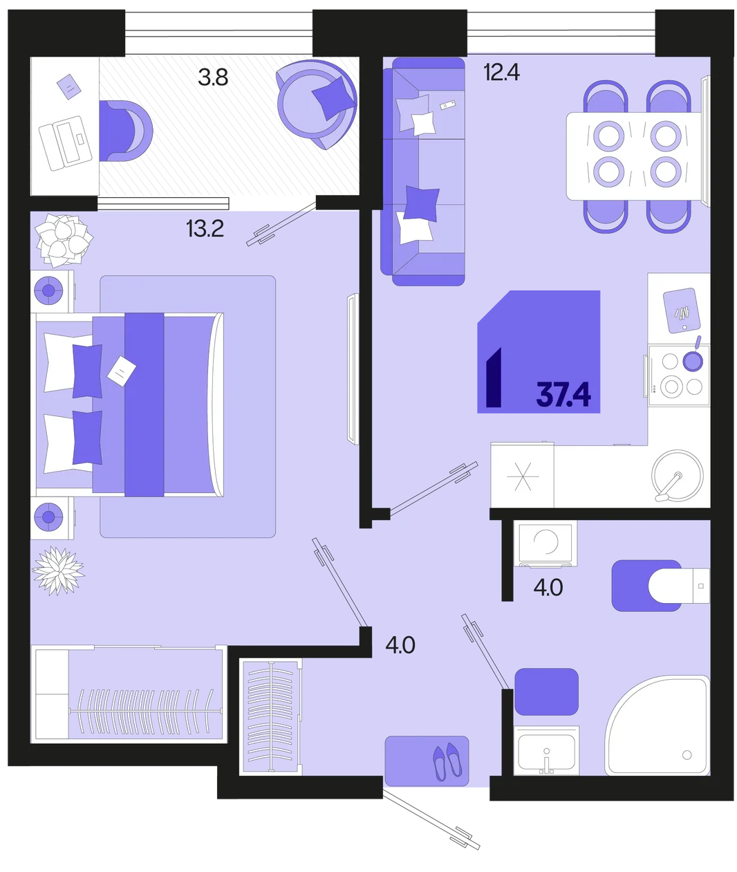 Планировка 1-комн. квартира, 37.4 м² ЖК «Первое место»
