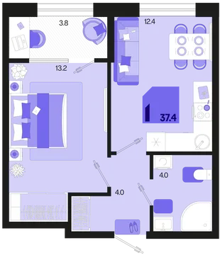 Планировка 1-комн. квартира, 37.4 м² ЖК «Первое место»