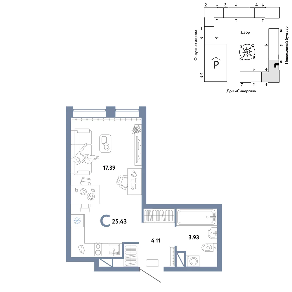Планировка Студия, 25.43 м² ЖК «Юнион»