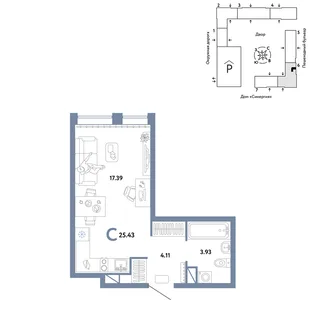 Планировка Студия, 25.43 м² ЖК «Юнион»