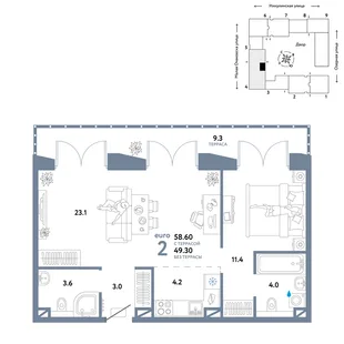 Планировка 2-комн. квартира, 58.6 м² ЖК «Страна.Озёрная»