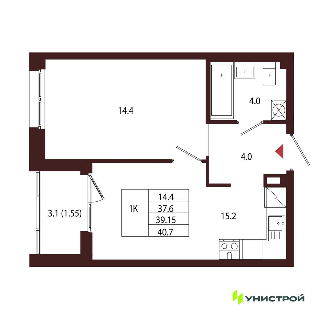 Планировка 1-комн. квартира, 39.15 м² ЖК «Лисино»
