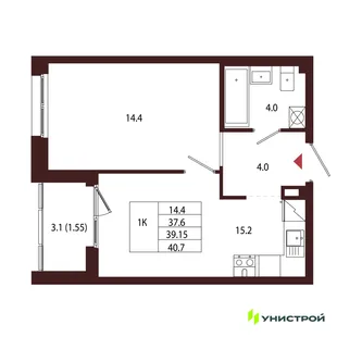 Планировка 1-комн. квартира, 39.15 м² ЖК «Лисино»