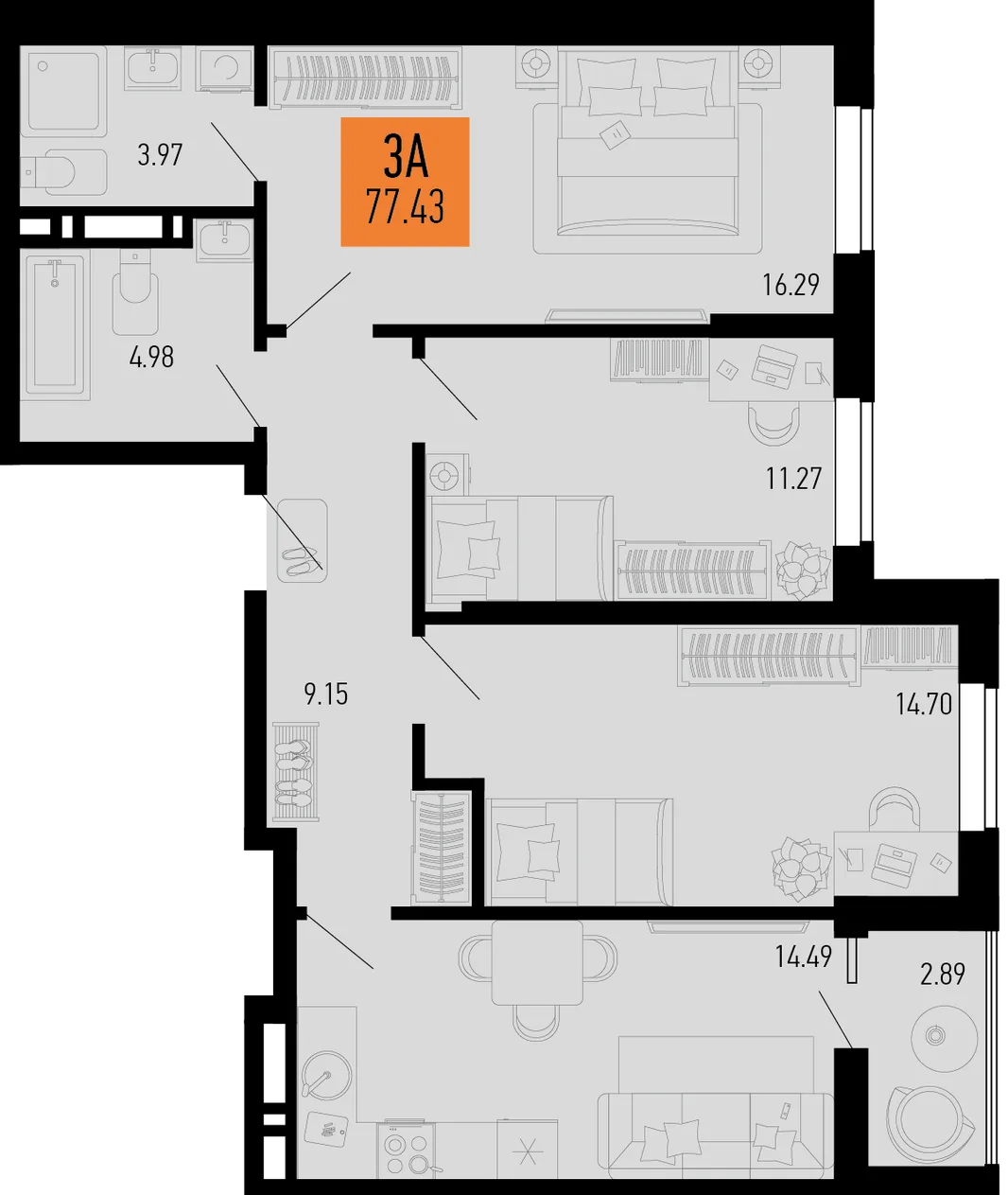 Планировка 3-комн. квартира, 77.74 м² ЖК «Столицыно»