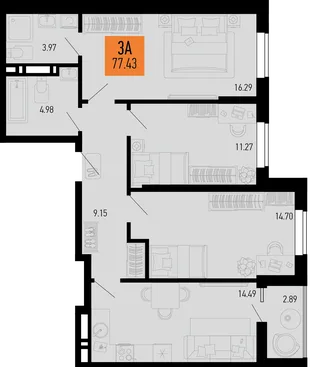 Планировка 3-комн. квартира, 77.74 м² ЖК «Столицыно»