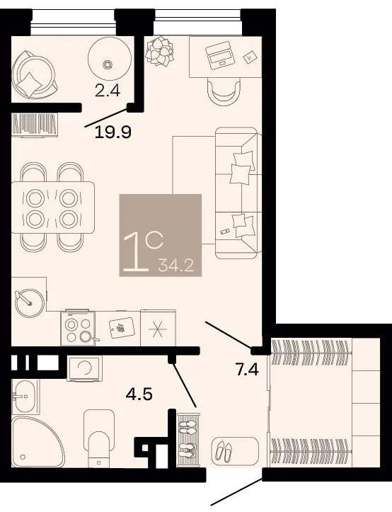 Планировка Студия, 34.2 м² ЖК «Хозяин морей»