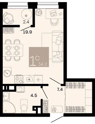 Планировка Студия, 34.2 м² ЖК «Хозяин морей»