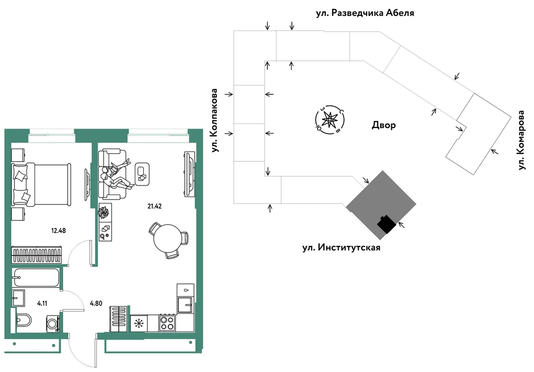 Планировка 2-комн. квартира, 42.81 м² ЖК «Страна.Парковая»