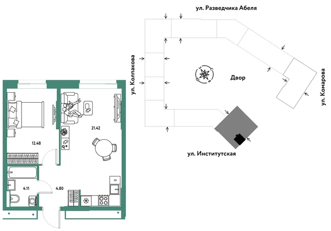 Планировка 2-комн. квартира, 42.81 м² ЖК «Страна.Парковая» Планировка 2-комн. квартира, 42.81 м² ЖК «Страна.Парковая»