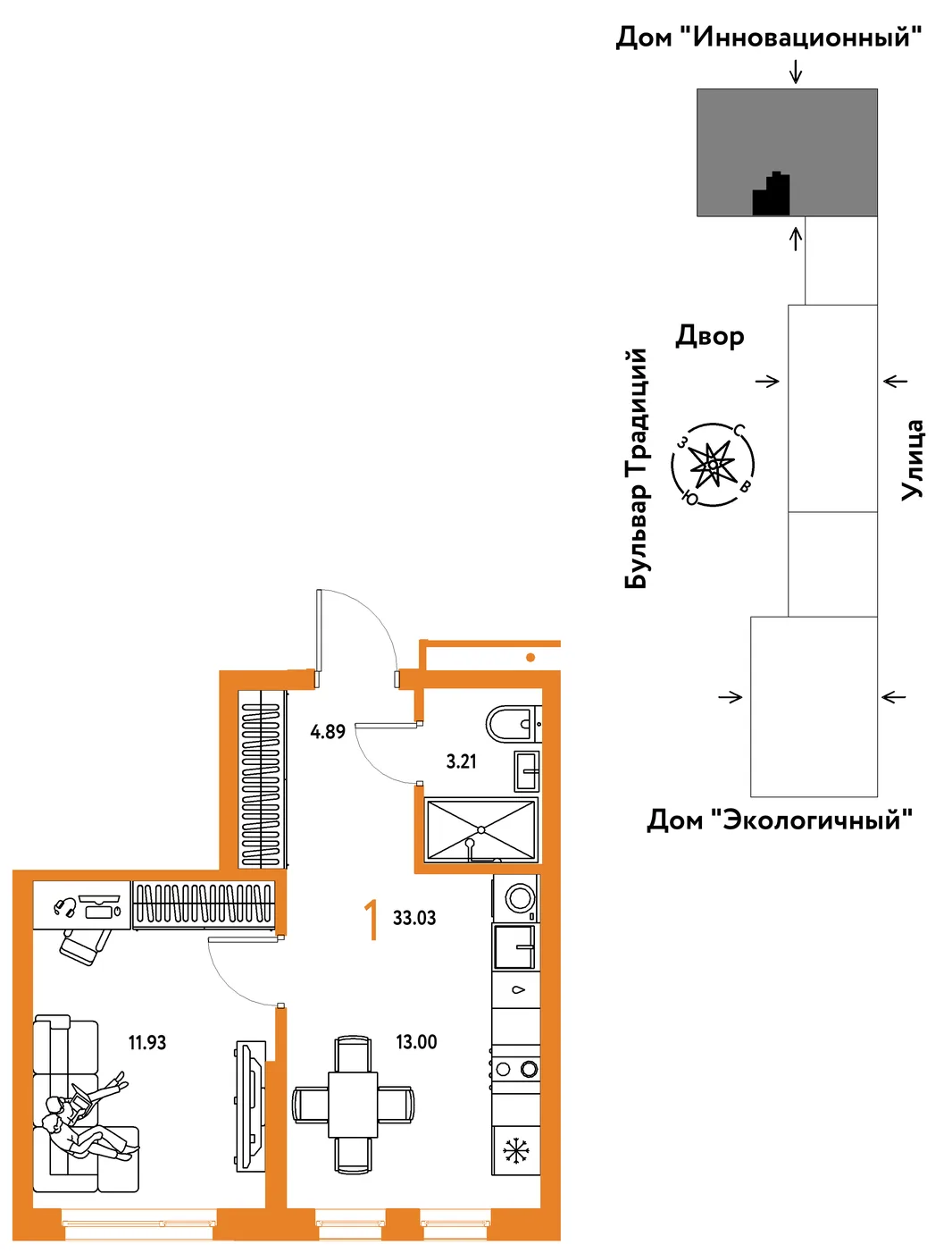 Планировка 1-комн. квартира, 33.03 м² ЖК «Микрорайон Домашний»
