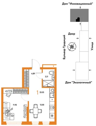 Планировка 1-комн. квартира, 33.03 м² ЖК «Микрорайон Домашний»