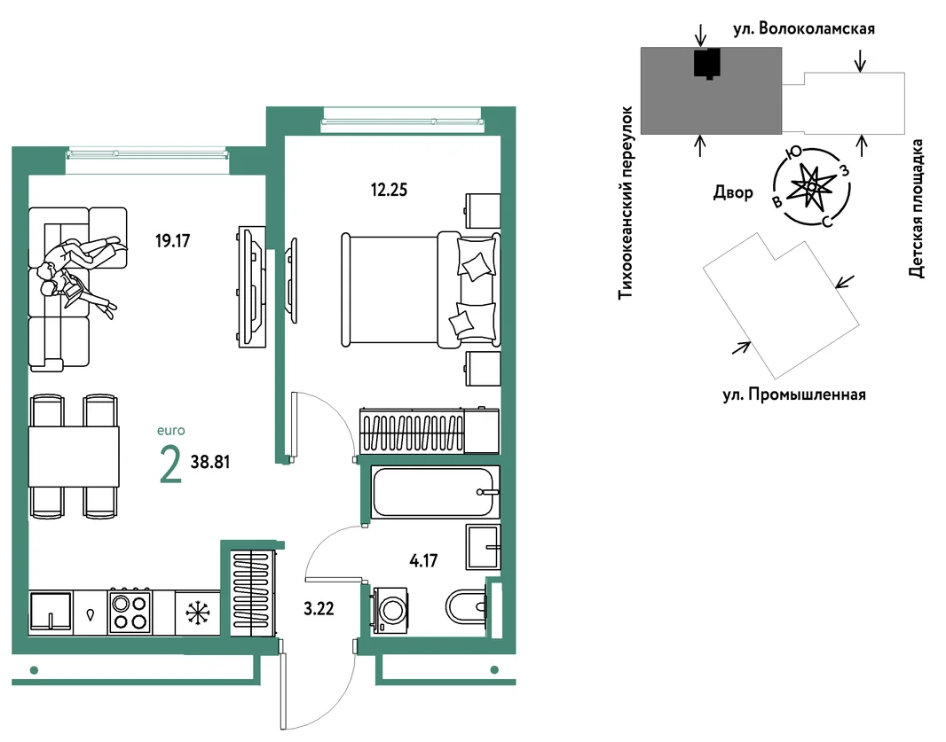 Планировка 2-комн. квартира, 38.81 м² ЖК «Страна Прибрежная»