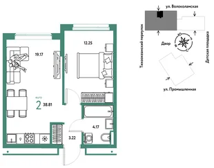 Планировка 2-комн. квартира, 38.81 м² ЖК «Страна Прибрежная»