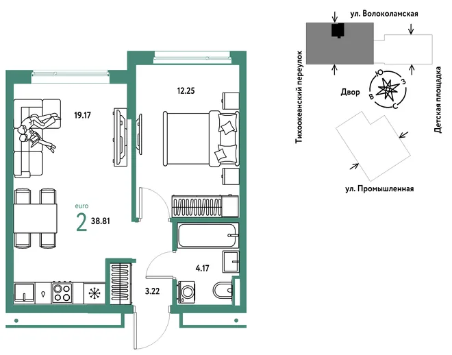 Планировка 2-комн. квартира, 38.81 м² ЖК «Страна Прибрежная» Планировка 2-комн. квартира, 38.81 м² ЖК «Страна Прибрежная»