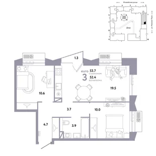 Планировка 3-комн. квартира, 53.7 м² ЖК «Страна.Заречная»